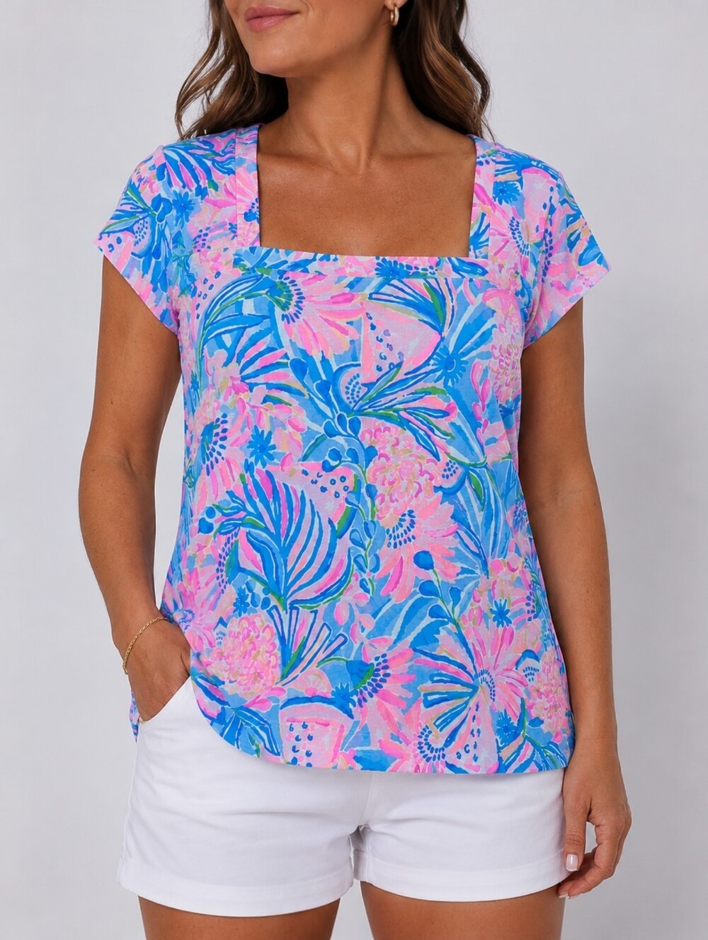 Lilly Pulitzer Rexa Pima Cotton Top M Tropical Punch Floral Square Neck Coastal